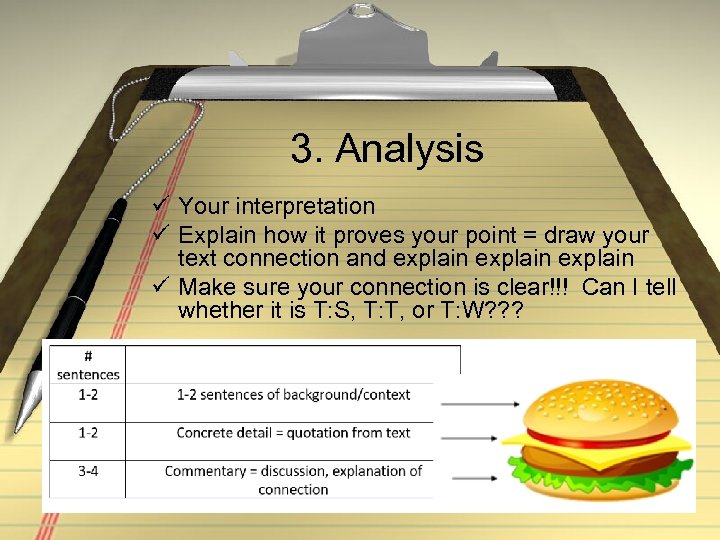3. Analysis ü Your interpretation ü Explain how it proves your point = draw