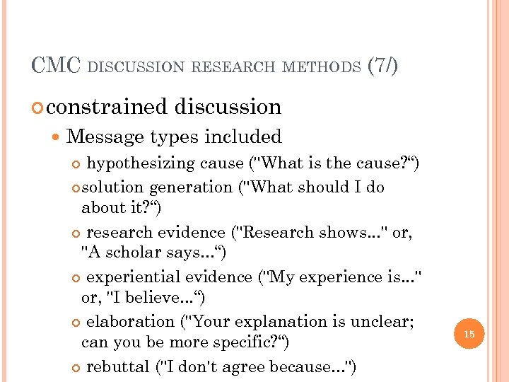 CMC DISCUSSION RESEARCH METHODS (7/) constrained discussion Message types included hypothesizing cause (