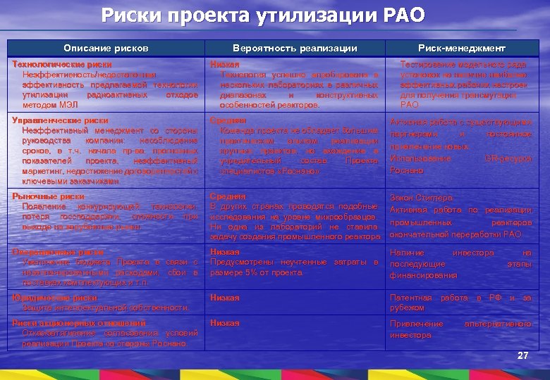 Риски проекта утилизации РАО Описание рисков Вероятность реализации Риск-менеджмент Технологические риски Неэффективность/недостаточная эффективность предлагаемой