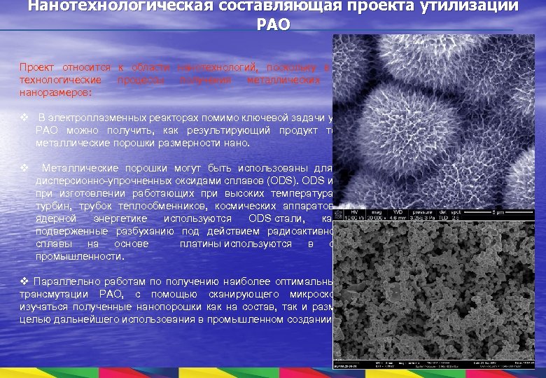 Нанотехнологическая составляющая проекта утилизации РАО Проект относится к области нанотехнологий, поскольку в нем есть