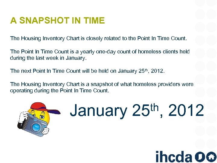 A SNAPSHOT IN TIME The Housing Inventory Chart is closely related to the Point