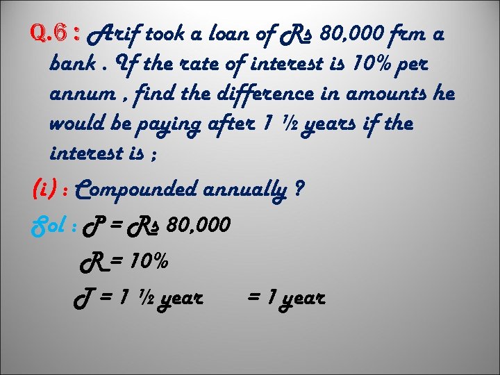 q. 6 : Arif took a loan of Rs 80, 000 frm a bank.