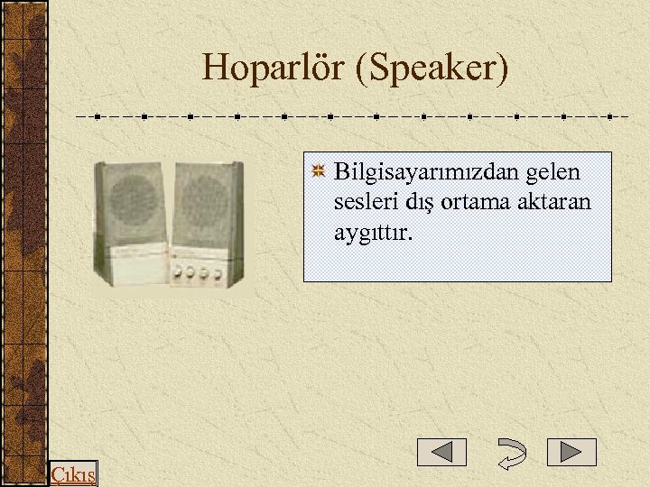  Hoparlör (Speaker) Bilgisayarımızdan gelen sesleri dış ortama aktaran aygıttır. Çıkış 