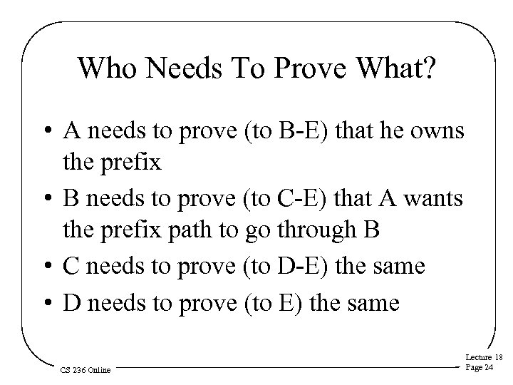 Who Needs To Prove What? • A needs to prove (to B-E) that he