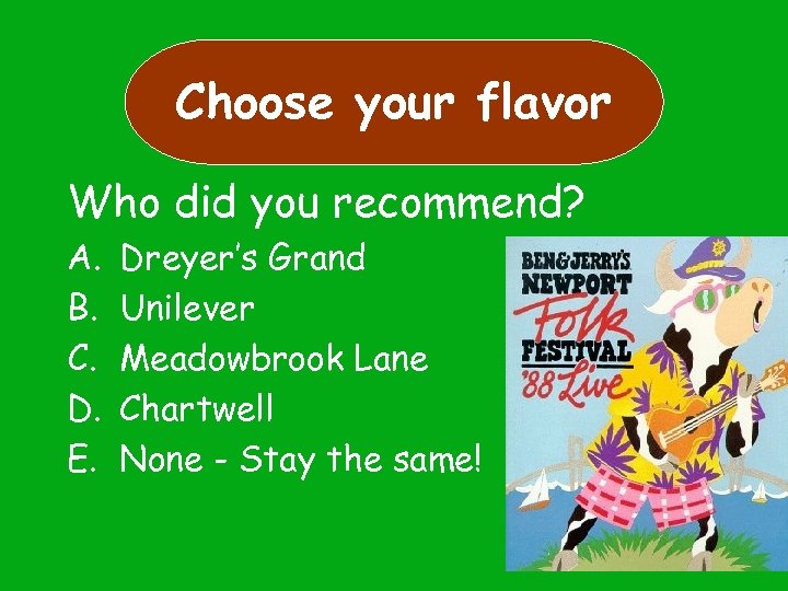 Choose your flavor Who did you recommend? A. B. C. D. E. Dreyer’s Grand