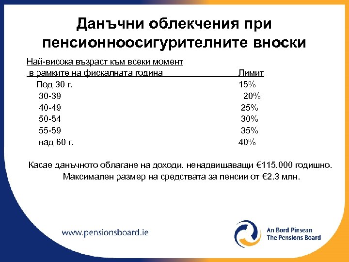 Данъчни облекчения при пенсионноосигурителните вноски Най-висока възраст към всеки момент в рамките на фискалната