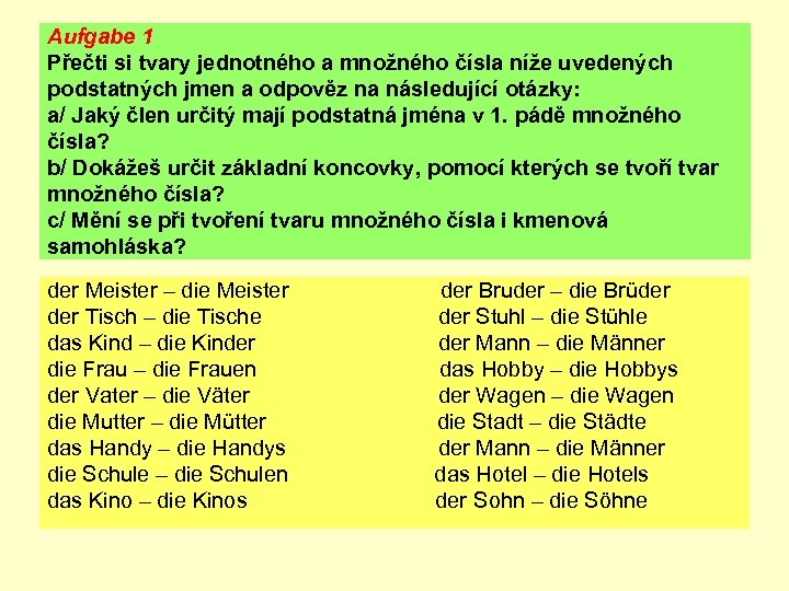 Aufgabe 1 Přečti si tvary jednotného a množného čísla níže uvedených podstatných jmen a