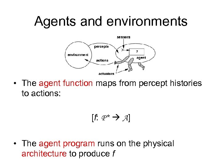 Agents and environments • The agent function maps from percept histories to actions: [f: