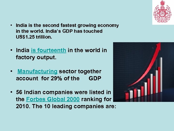  • India is the second fastest growing economy in the world. India’s GDP