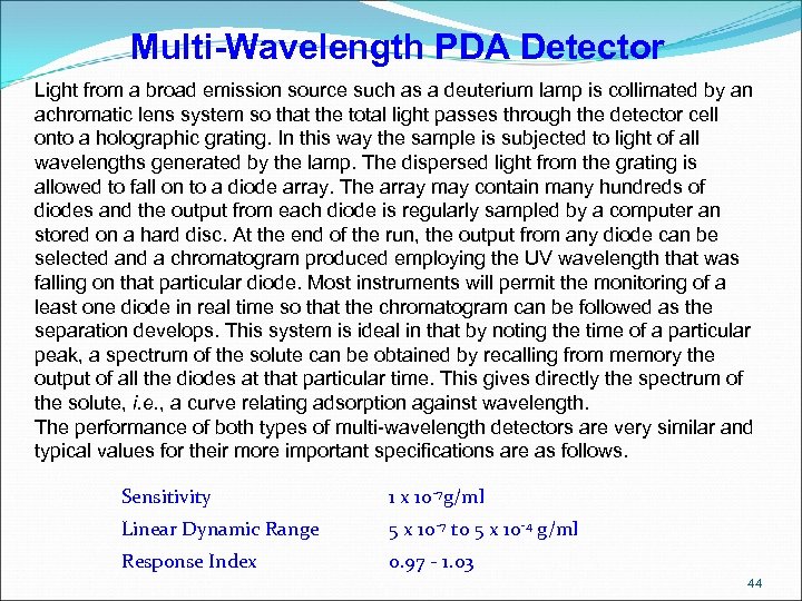 Multi-Wavelength PDA Detector Light from a broad emission source such as a deuterium lamp