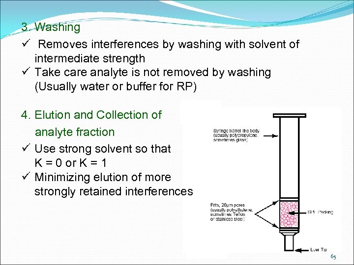 3. Washing Removes interferences by washing with solvent of intermediate strength Take care analyte