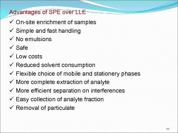 Advantages of SPE over LLE On-site enrichment of samples Simple and fast handling No