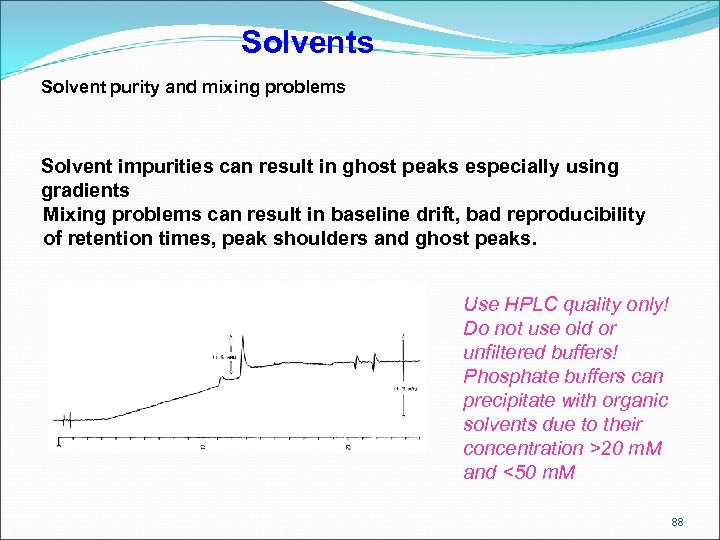 Solvents Solvent purity and mixing problems Solvent impurities can result in ghost peaks especially