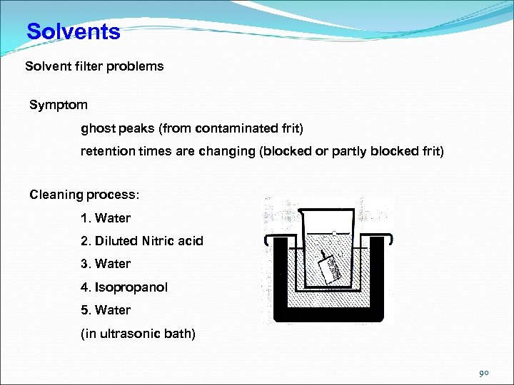 Solvents Solvent filter problems Symptom ghost peaks (from contaminated frit) retention times are changing