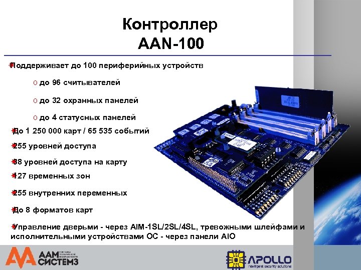 Контроллер AAN-100 Поддерживает до 100 периферийных устройств o до 96 считывателей o до 32