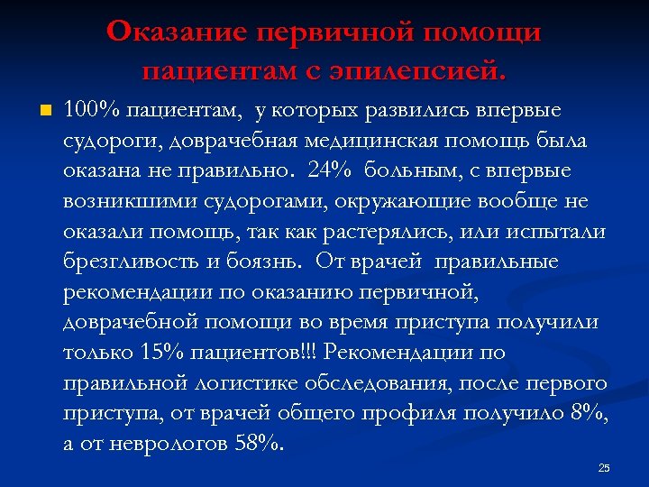 Оказание первичной помощи пациентам с эпилепсией. n 100% пациентам, у которых развились впервые судороги,