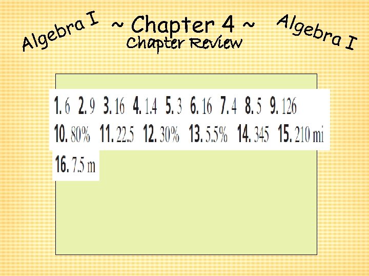A eb lg a. I r ~ Chapter 4 ~ Chapter Review Alge bra