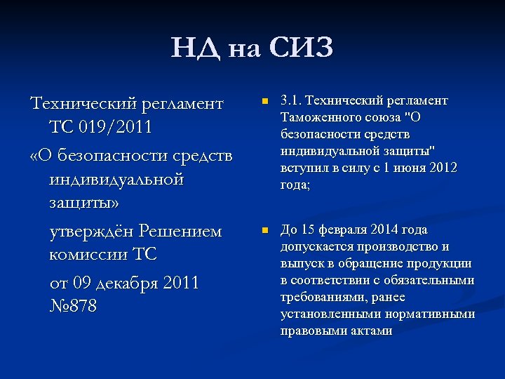 НД на СИЗ Технический регламент ТС 019/2011 «О безопасности средств индивидуальной защиты» утверждён Решением