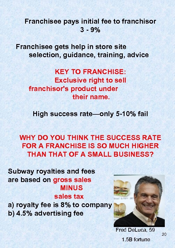 Franchisee pays initial fee to franchisor 3 - 9% Franchisee gets help in store