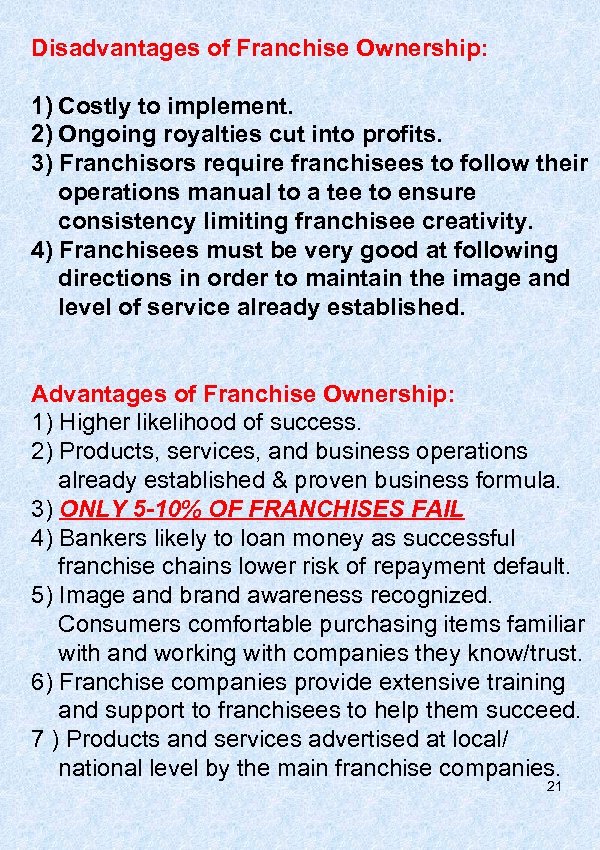 Disadvantages of Franchise Ownership: 1) Costly to implement. 2) Ongoing royalties cut into profits.