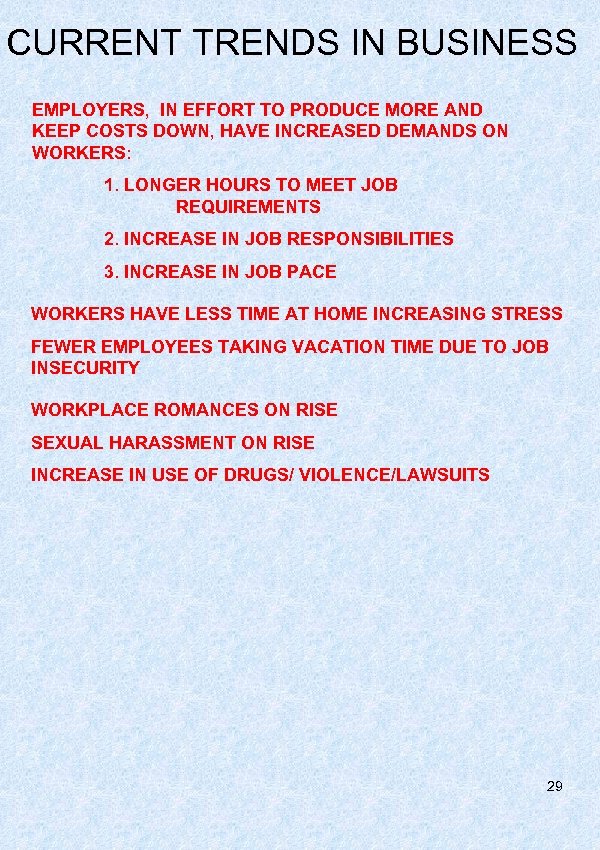 CURRENT TRENDS IN BUSINESS EMPLOYERS, IN EFFORT TO PRODUCE MORE AND KEEP COSTS DOWN,