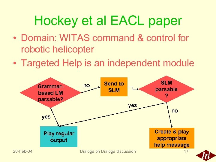 Hockey et al EACL paper • Domain: WITAS command & control for robotic helicopter