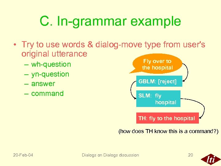 C. In-grammar example • Try to use words & dialog-move type from user's original