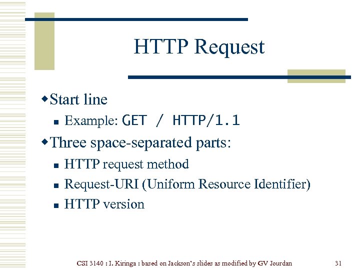 HTTP Request w. Start line n Example: GET / HTTP/1. 1 w. Three space-separated