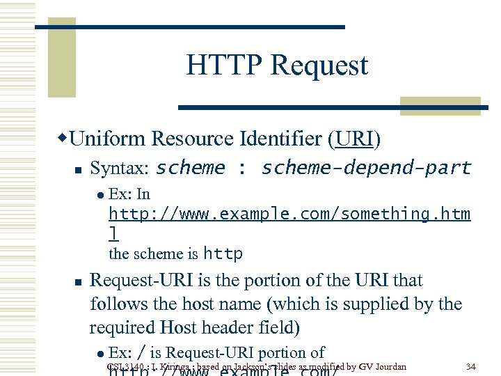 HTTP Request w. Uniform Resource Identifier (URI) n Syntax: scheme-depend-part l n Ex: In