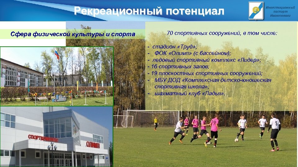 Рекреационный потенциал Сфера физической культуры и спорта 70 спортивных сооружений, в том числе: -