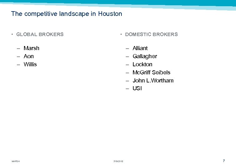 The competitive landscape in Houston • GLOBAL BROKERS • DOMESTIC BROKERS – Marsh –