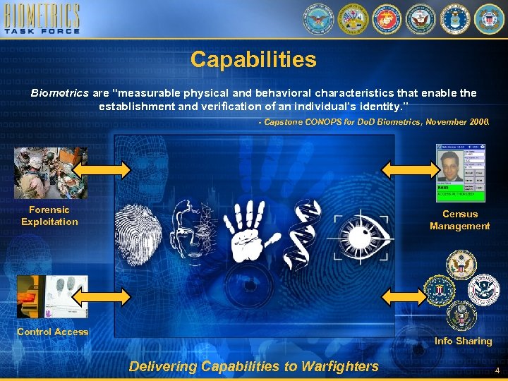 Capabilities Biometrics are “measurable physical and behavioral characteristics that enable the establishment and verification