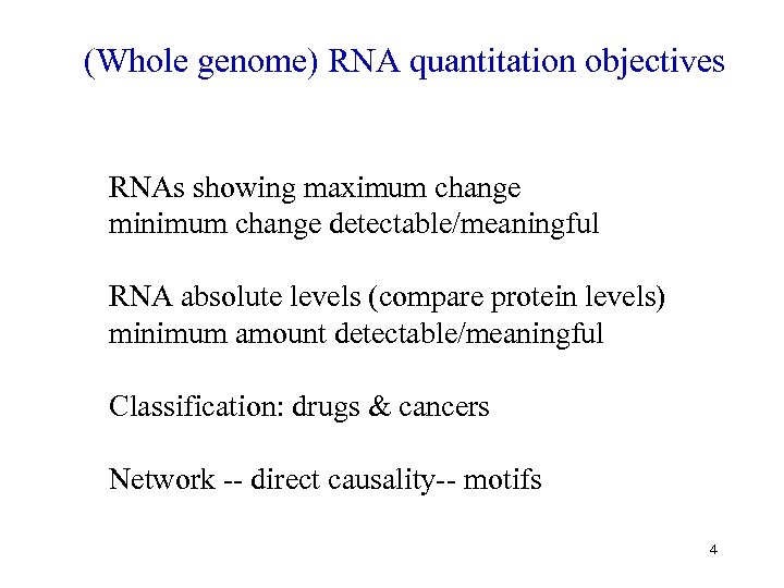 (Whole genome) RNA quantitation objectives RNAs showing maximum change minimum change detectable/meaningful RNA absolute