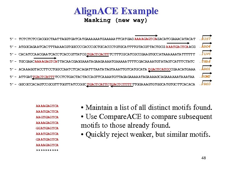 Align. ACE Example Masking (new way) 5’- TCTCCACGGCTAATTAGGTGATCATGAAAAATTCATGAG AAAAGAGTCAGACATCGAAACAT …HIS 7 5’- ATGGCAGAATCACTTTAAAACGTGGCCCCACCCGCTGCACCCTGTGCATTTTGTACGTTACTGCG AAATGACTCAACG