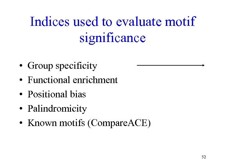 Indices used to evaluate motif significance • • • Group specificity Functional enrichment Positional