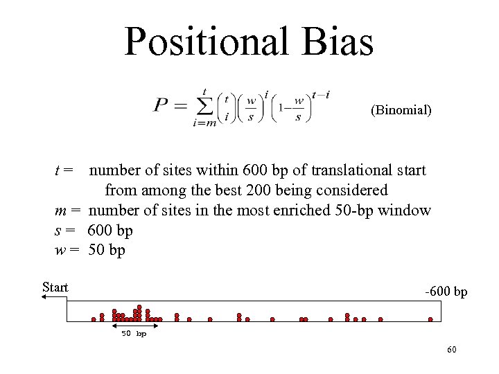 Positional Bias (Binomial) t= number of sites within 600 bp of translational start from