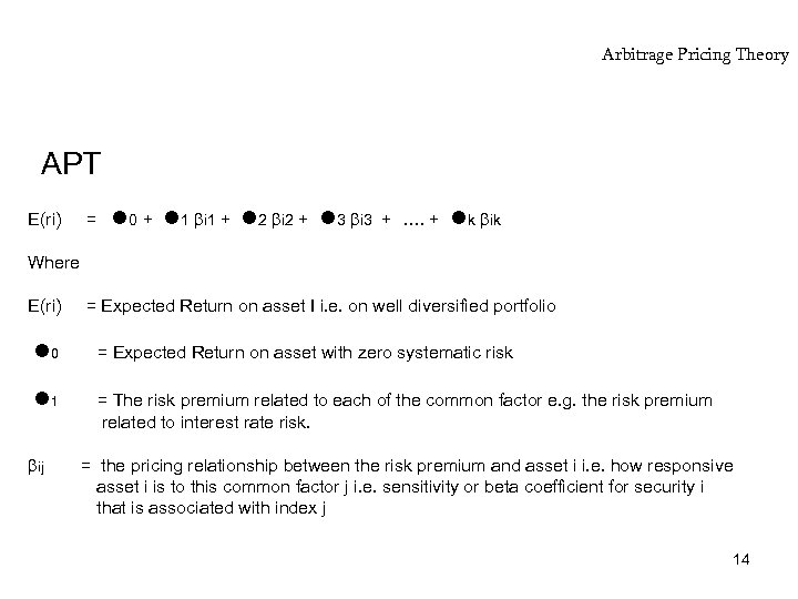 Arbitrage Pricing Theory APT E(ri) = 0 + 1 i 1 + 2 i