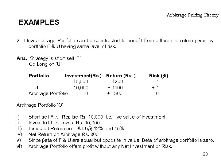 EXAMPLES Arbitrage Pricing Theory 2] How arbitrage Portfolio can be constructed to benefit from