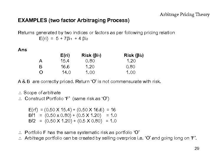 EXAMPLES (two factor Arbitraging Process) Arbitrage Pricing Theory Returns generated by two indices or
