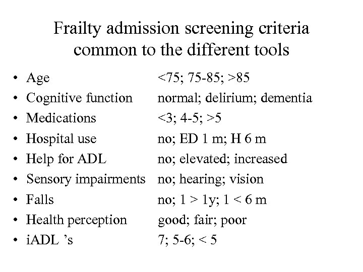 Frailty admission screening criteria common to the different tools • • • Age Cognitive