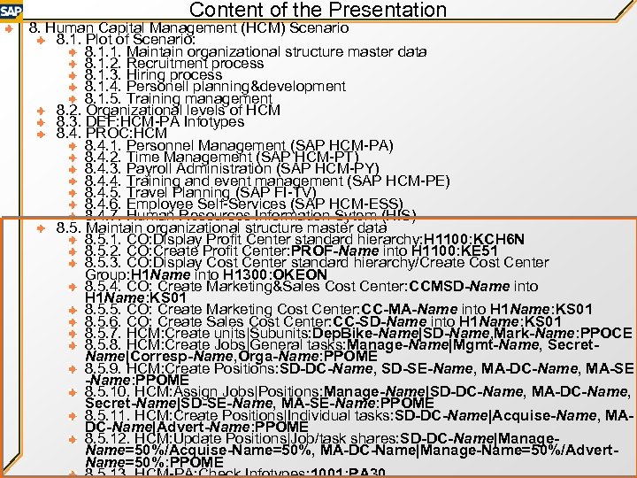 Content of the Presentation 8. Human Capital Management (HCM) Scenario 8. 1. Plot of