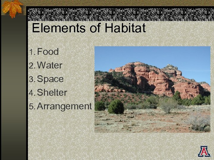 Elements of Habitat 1. Food 2. Water 3. Space 4. Shelter 5. Arrangement 