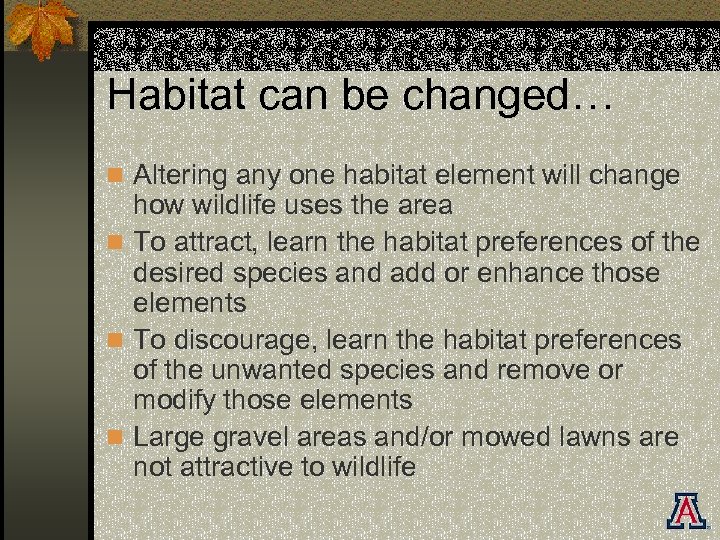 Habitat can be changed… n Altering any one habitat element will change how wildlife