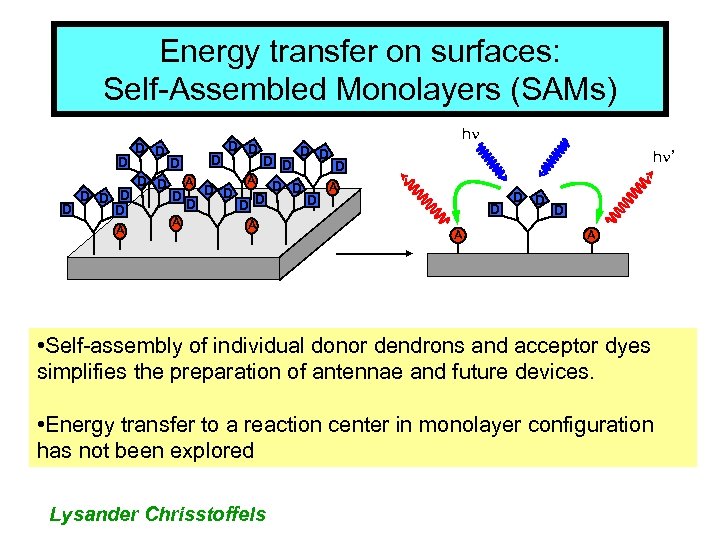 Energy transfer on surfaces: Self-Assembled Monolayers (SAMs) D D hn D D D A