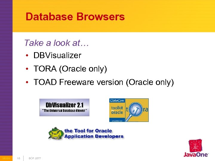 Database Browsers Take a look at… • DBVisualizer • TORA (Oracle only) • TOAD