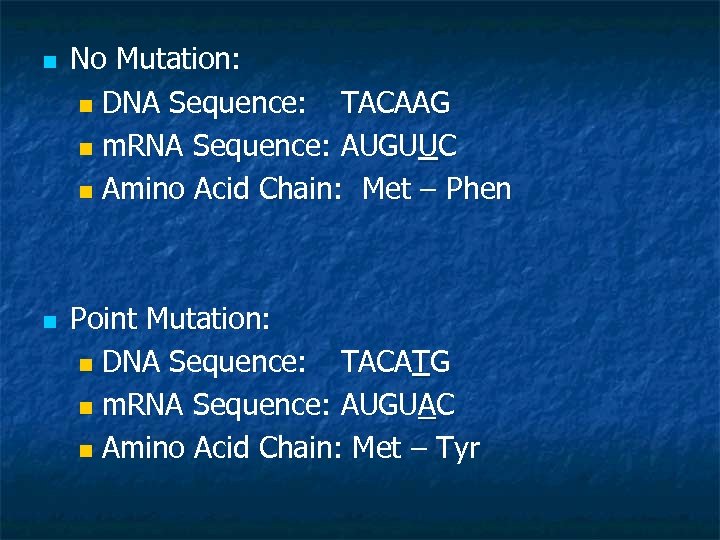 n n No Mutation: n DNA Sequence: TACAAG n m. RNA Sequence: AUGUUC n