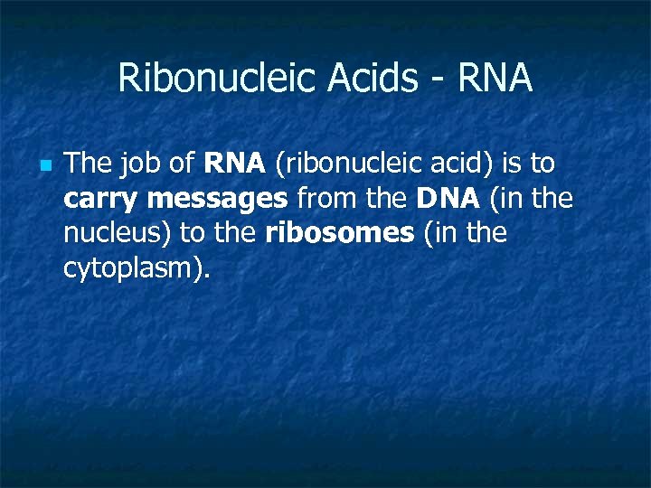 Ribonucleic Acids - RNA n The job of RNA (ribonucleic acid) is to carry