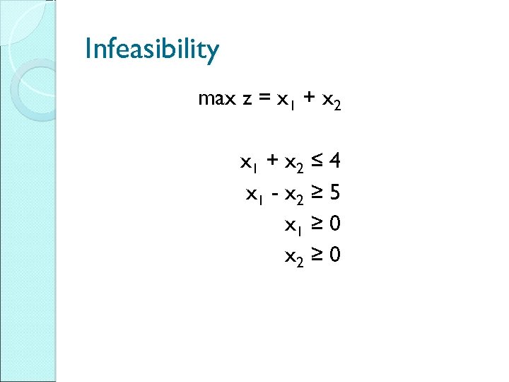 Infeasibility max z = x 1 + x 2 ≤ 4 x 1 -