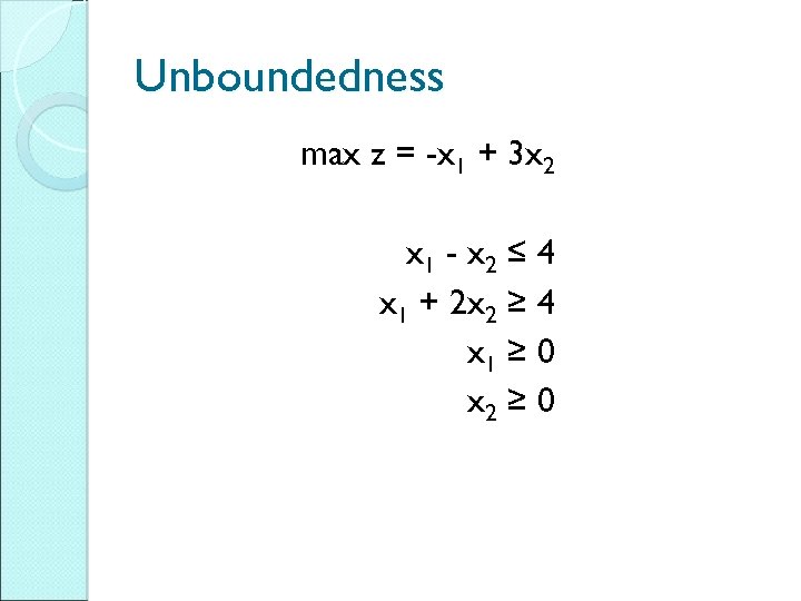 Unboundedness max z = -x 1 + 3 x 2 x 1 - x