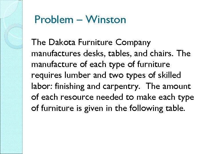 Problem – Winston The Dakota Furniture Company manufactures desks, tables, and chairs. The manufacture